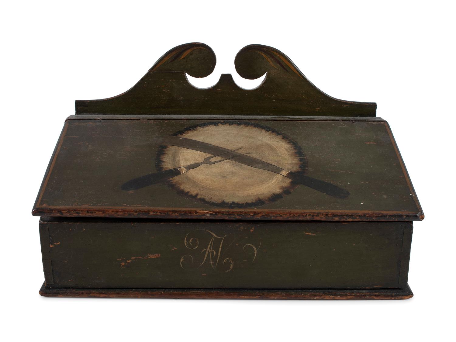 A Federal Paint Decorated Pine Cutlery Wall Box
