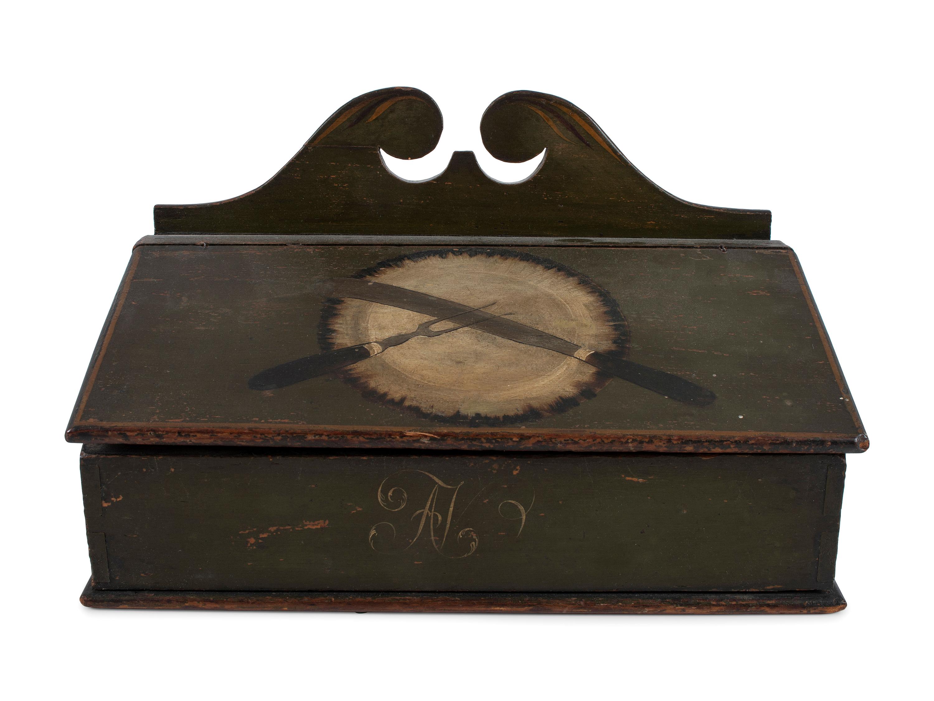 A Federal Paint Decorated Pine Cutlery Wall Box