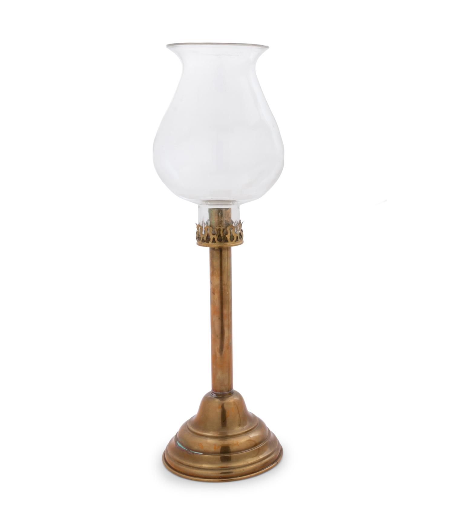 An English Brass and Glass Hurricane Shade Candlestick