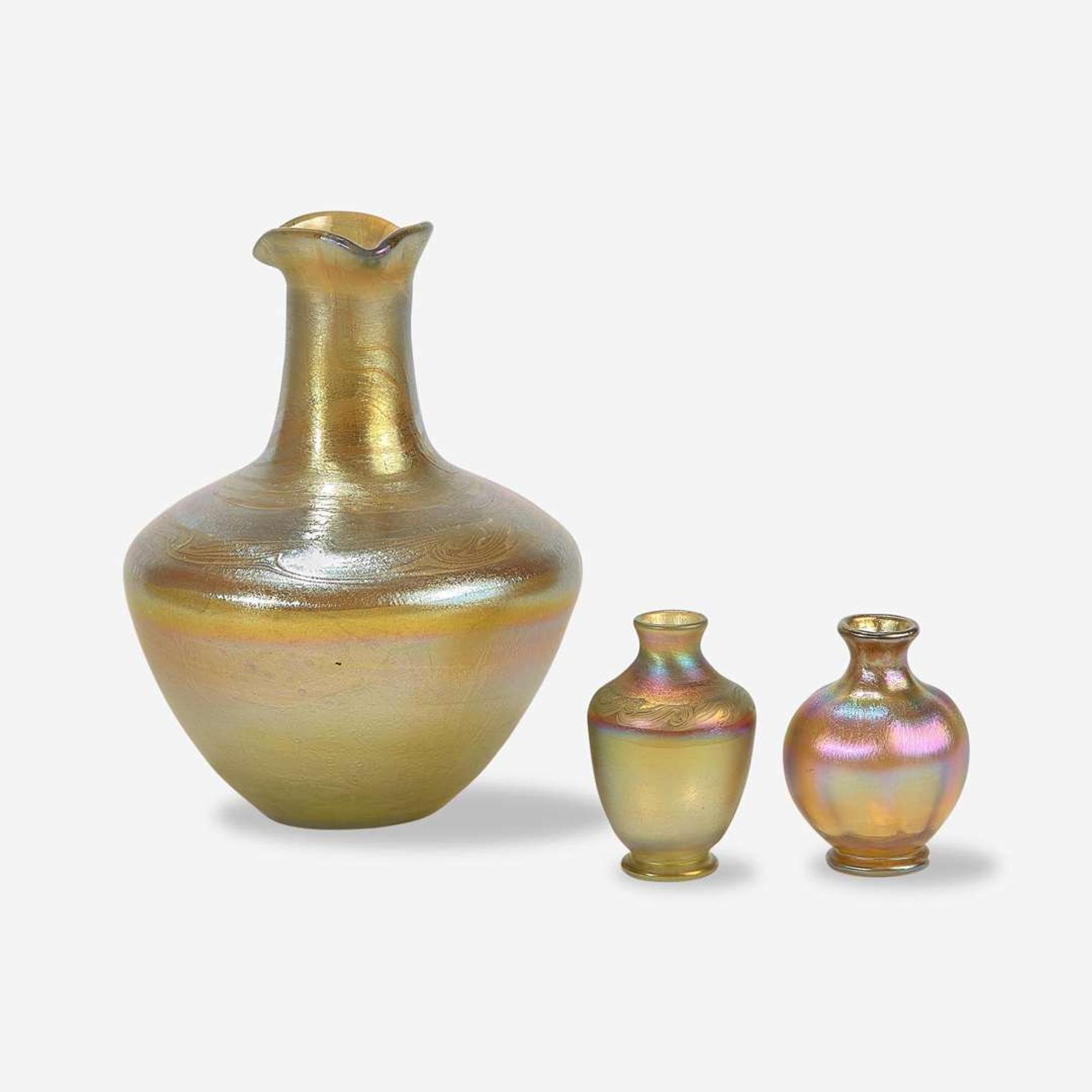 Tiffany Studios (American, active 1878-1932) Three Decorated Favrile Glass Vases, New York, circa 1894-1895