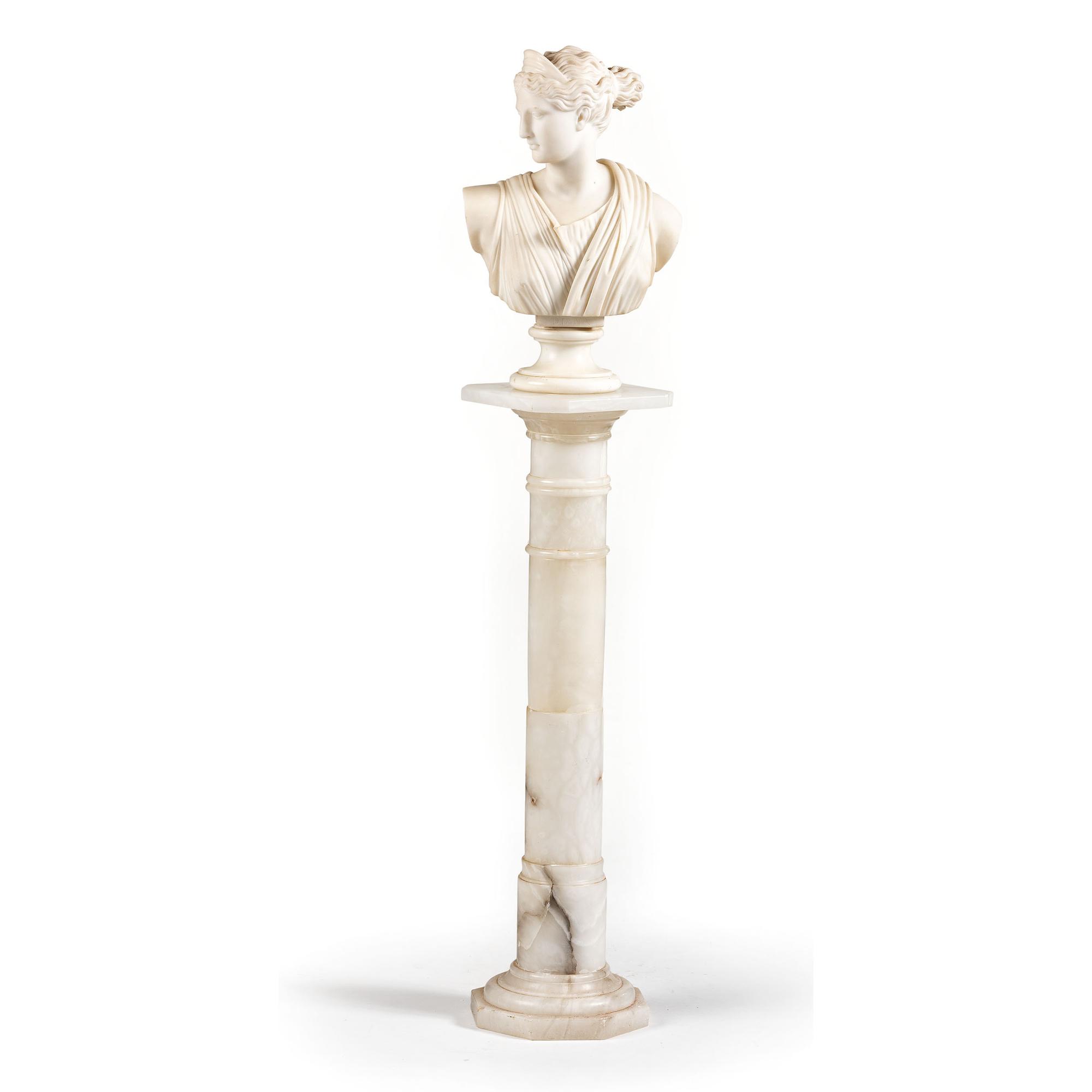 A Continental White Marble Bust of Diana the Huntress