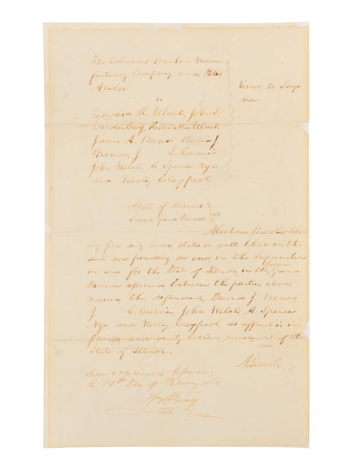 LINCOLN, Abraham (1809-1865). Autograph legal document signed twice ("A. Lincoln" and "Abraham Lincoln"), [Springfield], 13 February 1860.