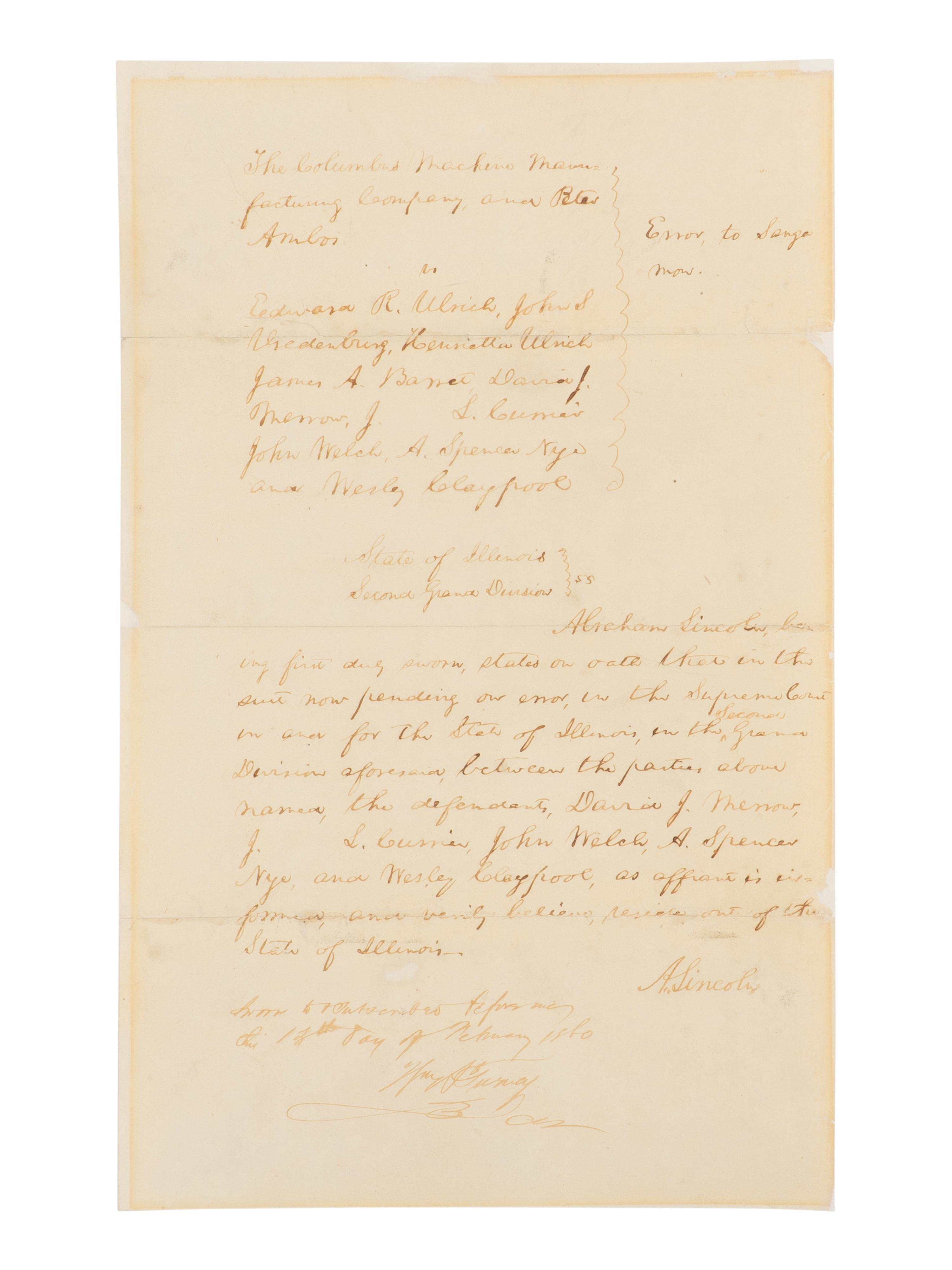 LINCOLN, Abraham (1809-1865). Autograph legal document signed twice ("A. Lincoln" and "Abraham Lincoln"), [Springfield], 13 February 1860.