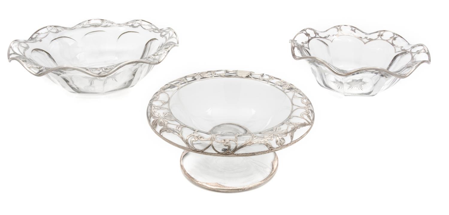 Three Silver Overlay Glass Bowls Diameter of first 10 1/4 inches.