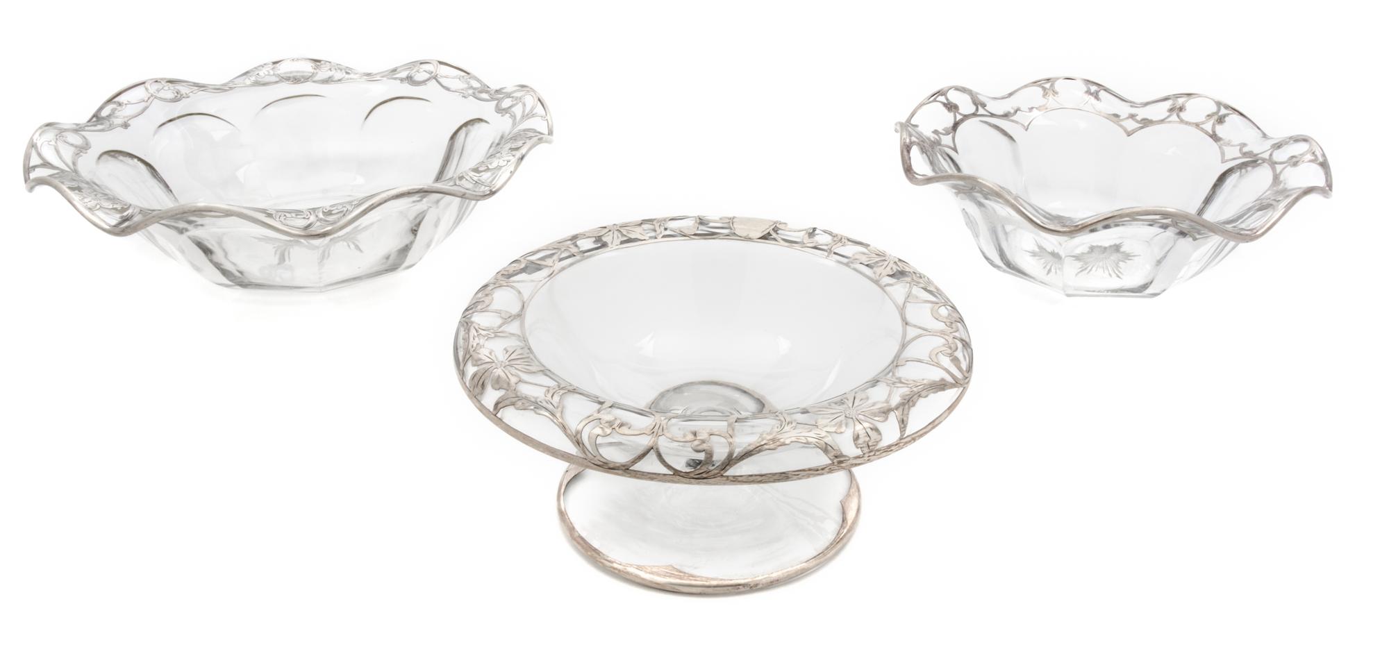 Three Silver Overlay Glass Bowls Diameter of first 10 1/4 inches.