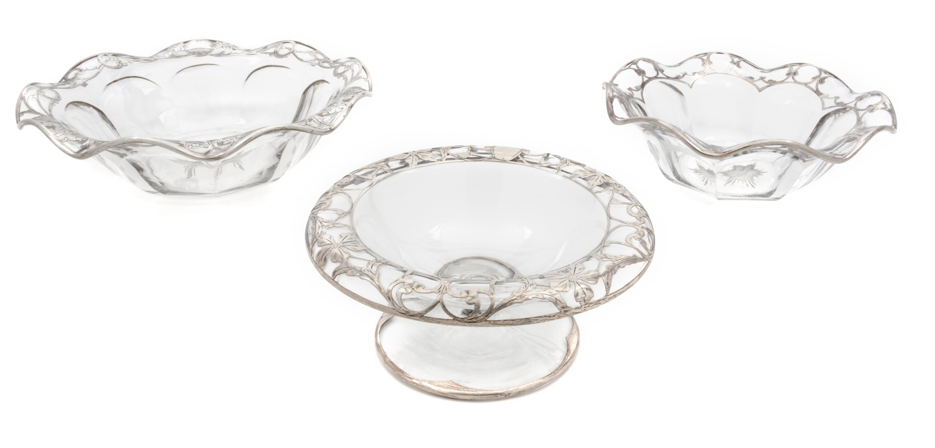 Three Silver Overlay Glass Bowls Diameter of first 10 1/4 inches.