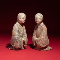 A Pair of Chinese Painted Pottery Kneeling Ladies, Western Han Dynasty — 西漢 陶彩繪跽坐女樂俑一對