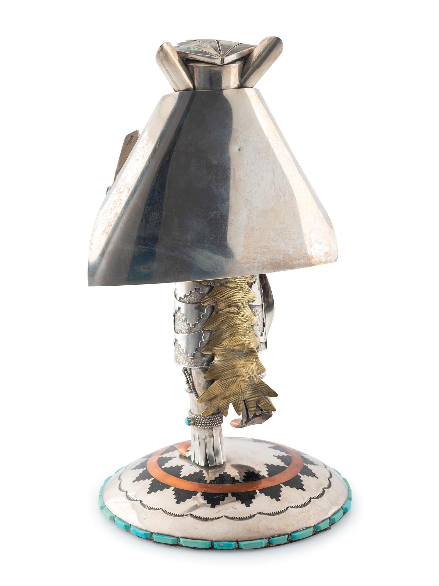 Navajo Silver Katsina, with Turquoise, Coral, Brass, and Copper Accents