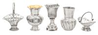 A Group of Five Diminutive Silver Table Articles, , comprising three Continental pierced baskets, a Mexican silver vase and a vase of b