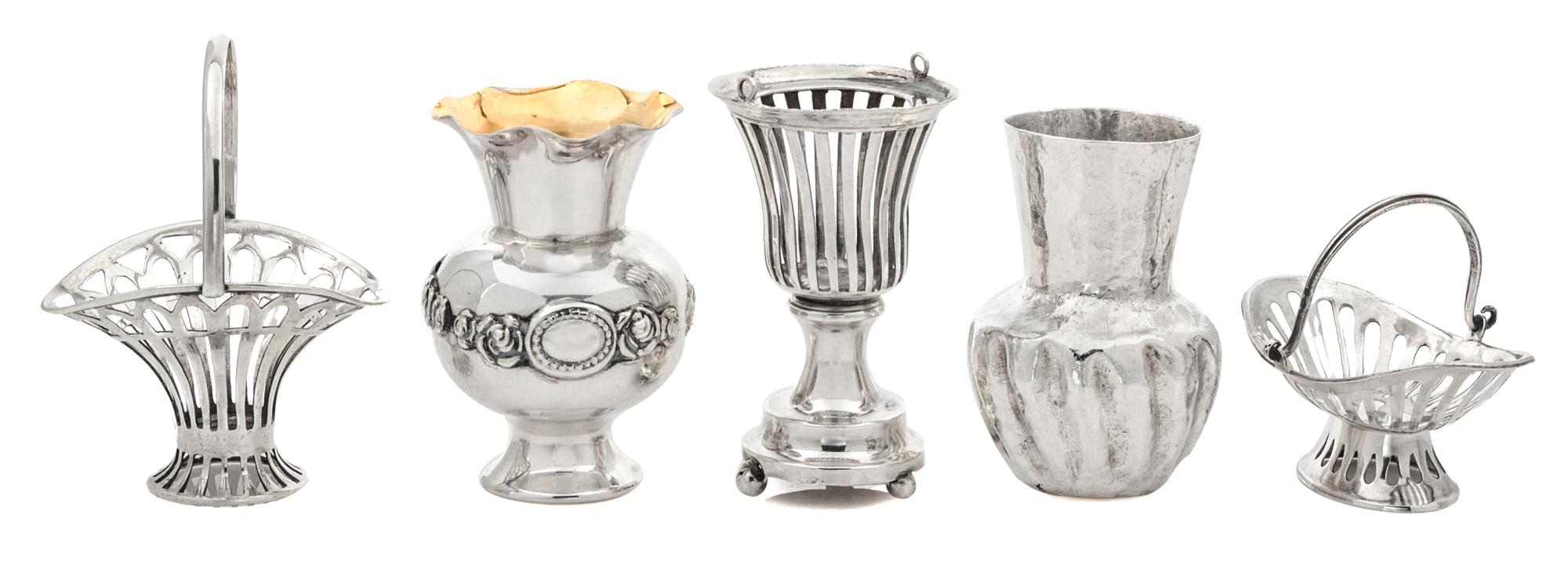 A Group of Five Diminutive Silver Table Articles, , comprising three Continental pierced baskets, a Mexican silver vase and a vase of b