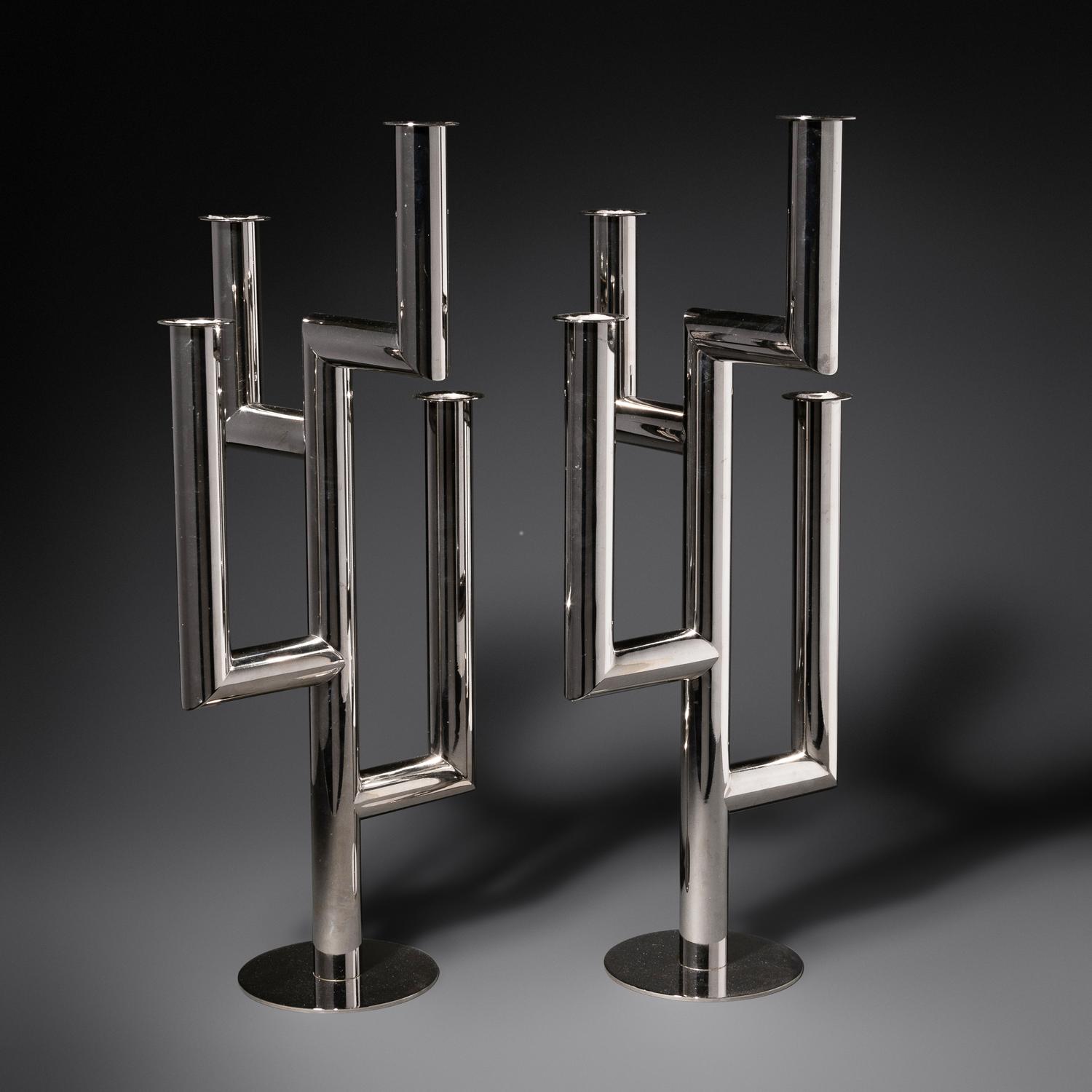 Pair of Chromed Metal Four-Light Candelabra, c. 1925 Austria