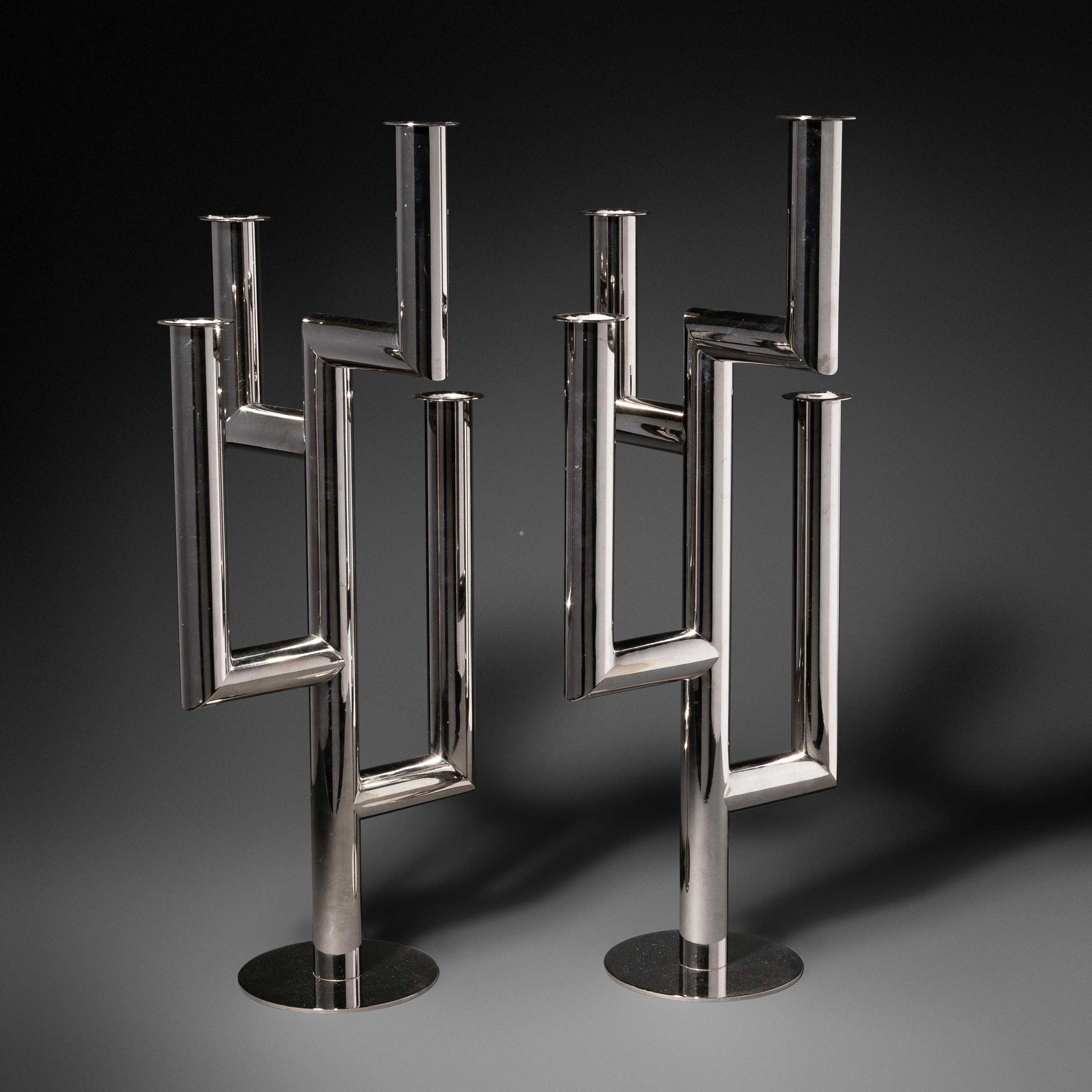 Pair of Chromed Metal Four-Light Candelabra, c. 1925 Austria