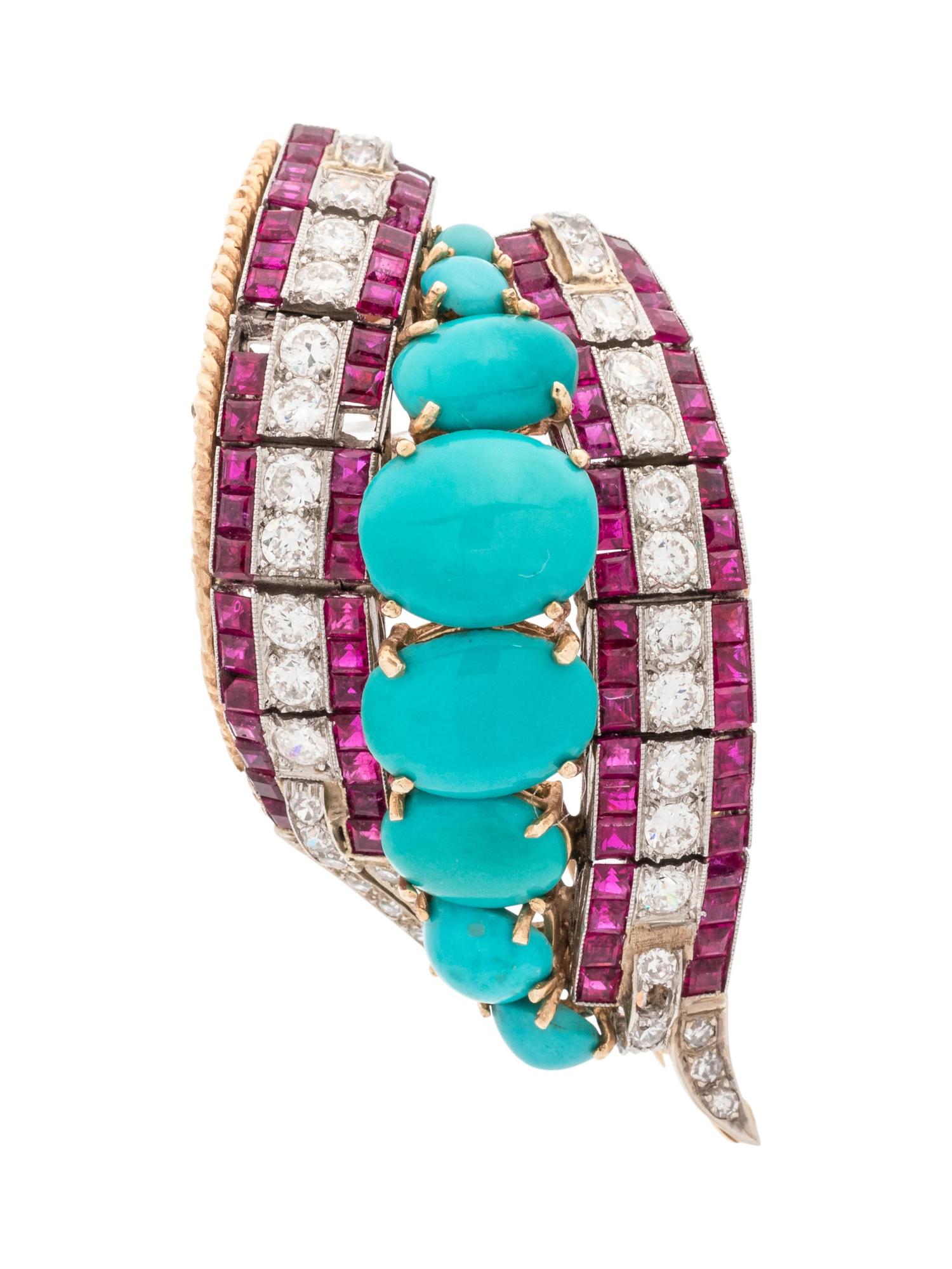 TURQUOISE, DIAMOND AND RUBY BROOCH