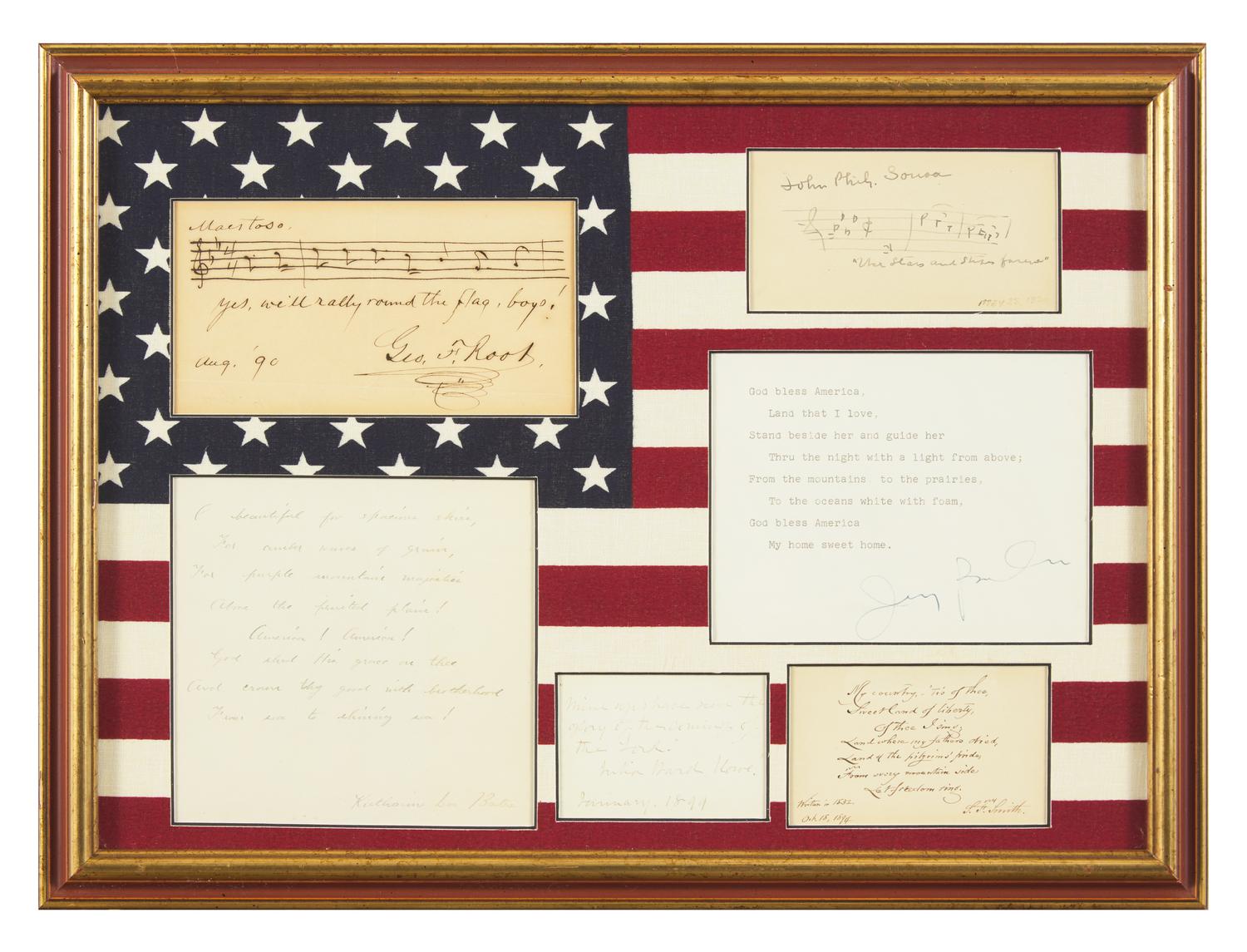 [Americana] Howe, Julia Ward, Irving Berlin, John Philip Sousa, Samuel F. Smith, and George F. Root. Display of Signed Patriotic Song Lyrics
