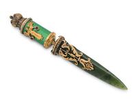 A Russian Spinach Jade and Jewel Mounted Silver Gilt and Guilloché Enameled Letter Opener