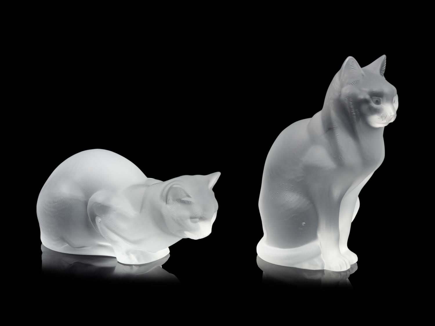 Two Lalique Molded and Frosted Glass Cats