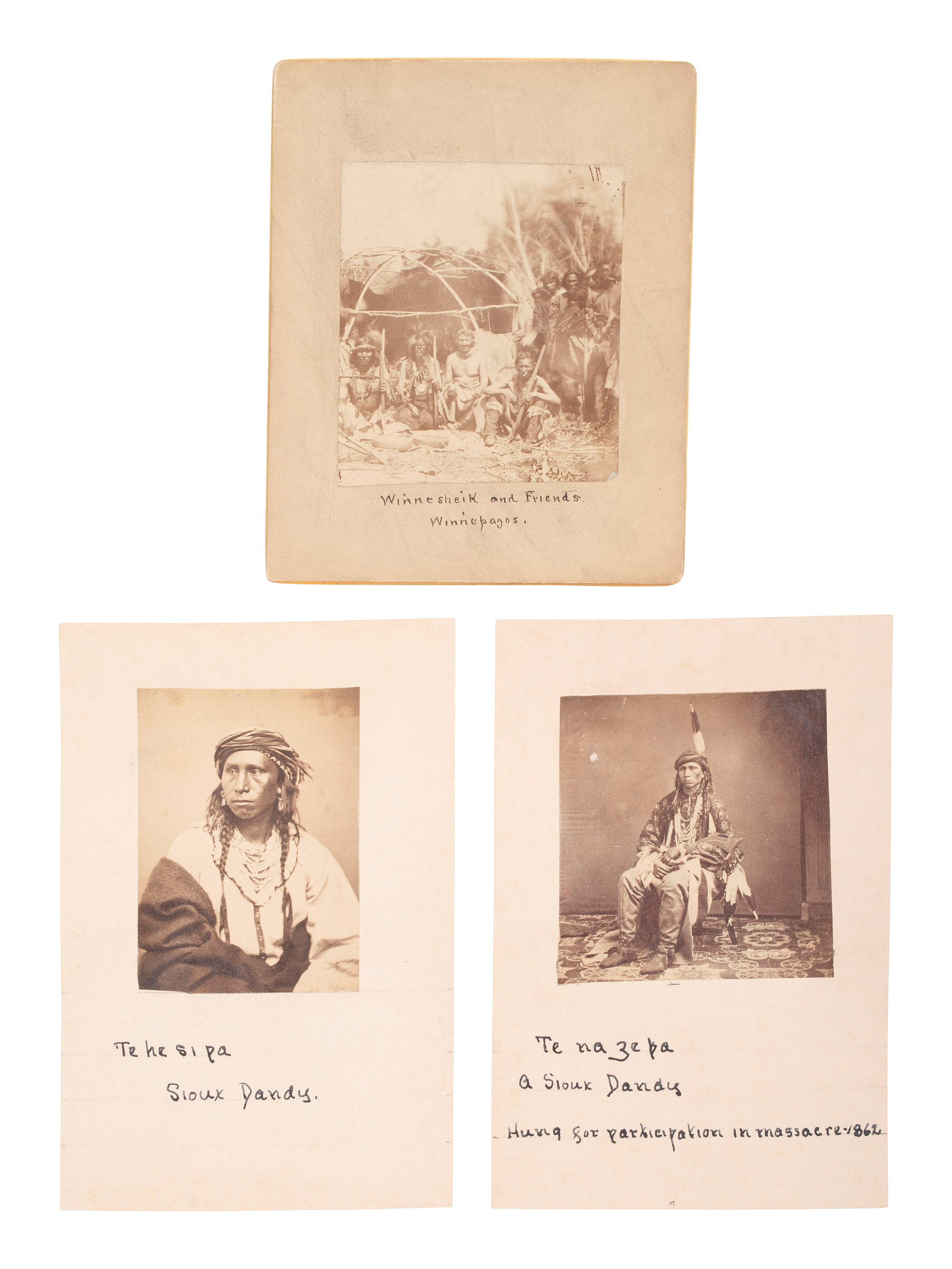 [NATIVE AMERICANS]. Album containing CDVs of Sioux involved in the 1862 Dakota Uprising in Minnesota containing photographs by Joel Whitney, B.F. Upton, and Martin's Gallery of St. Paul, MN.