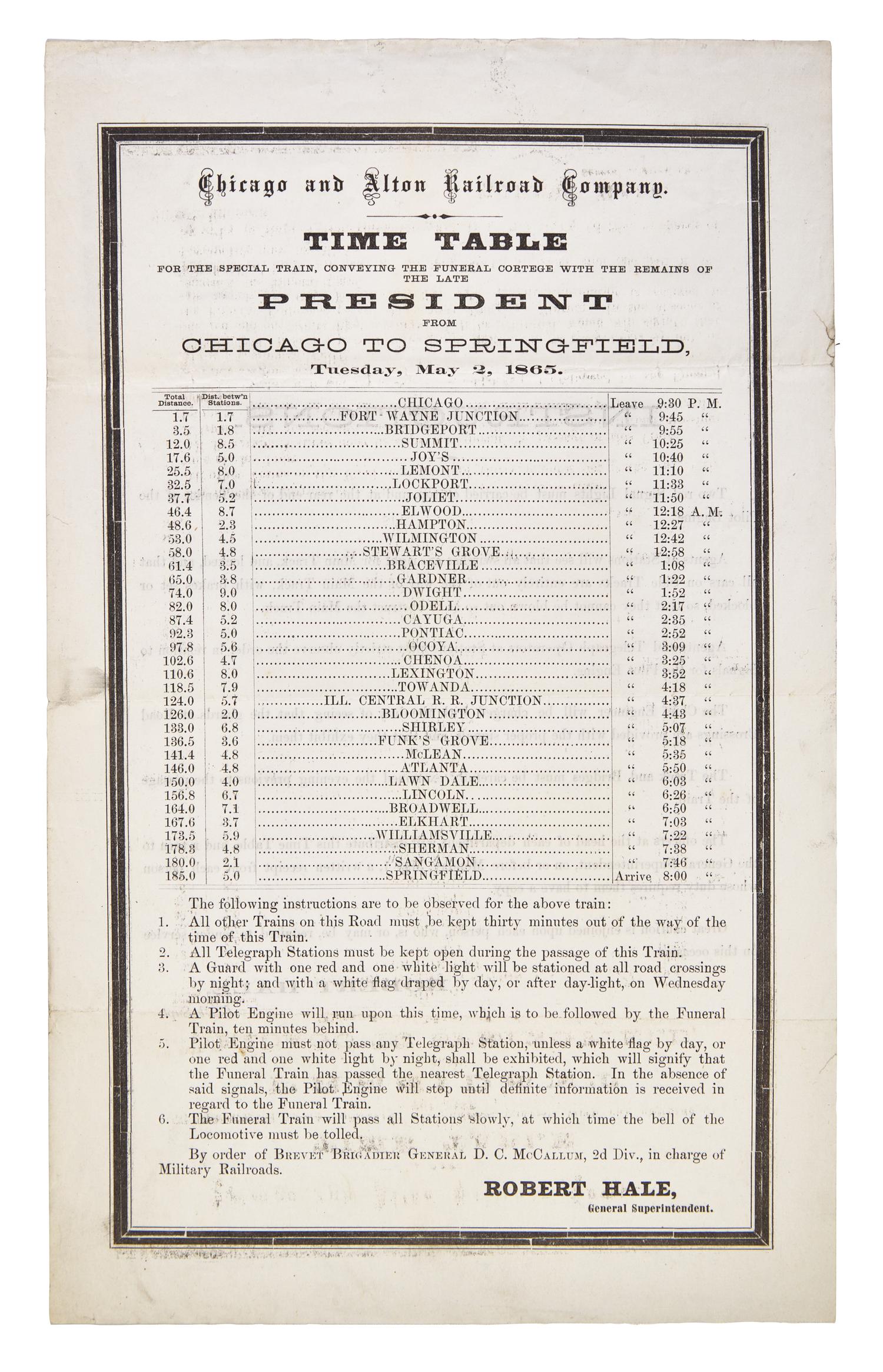 [LINCOLN'S FUNERAL]. Time table for the special train, conveying the funeral cortege with the remains of the late President from Chicago to Springfield . Chicago and Alton Railroad Company, 2 May 1865.