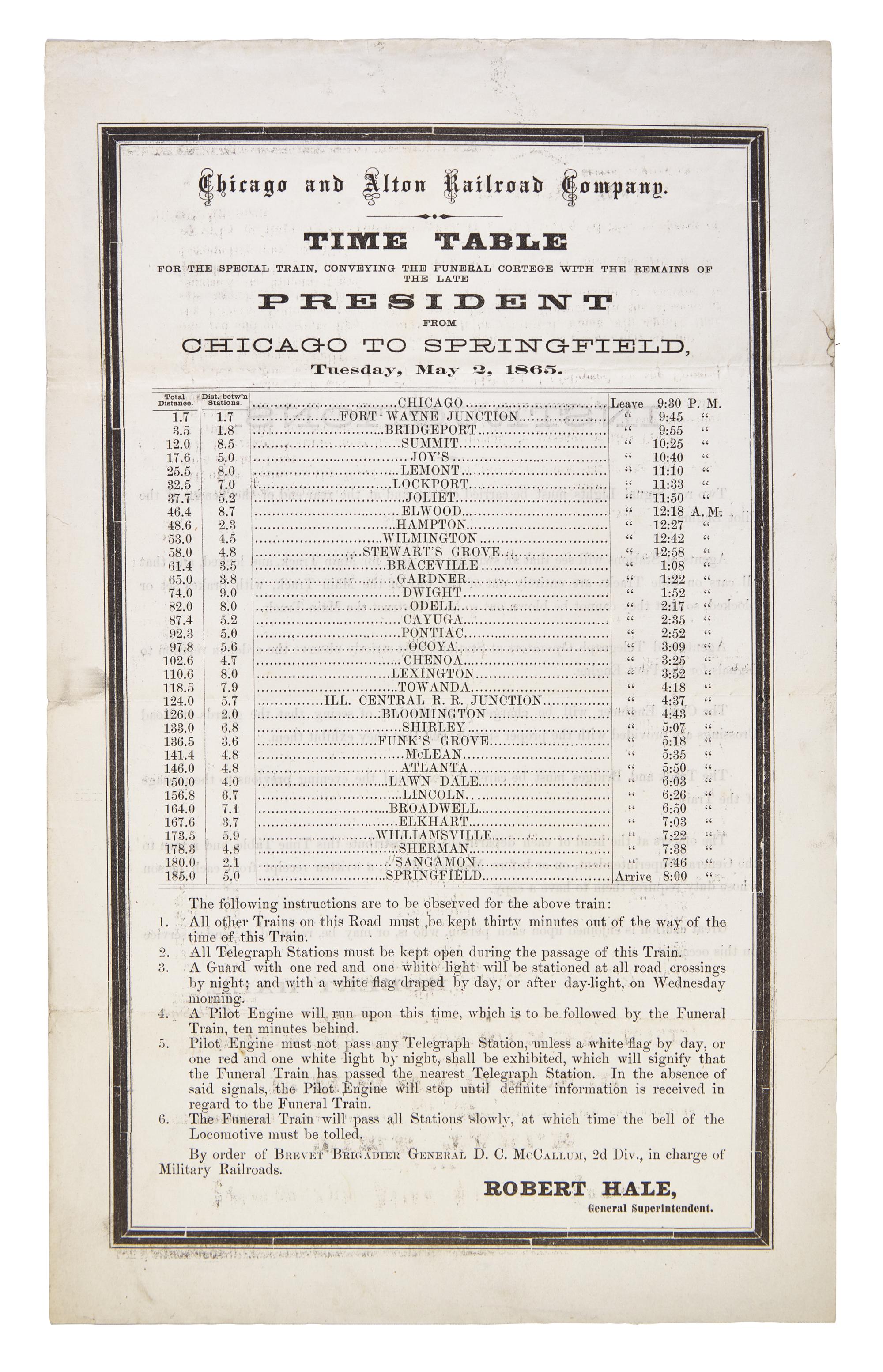 [LINCOLN'S FUNERAL]. Time table for the special train, conveying the funeral cortege with the remains of the late President from Chicago to Springfield . Chicago and Alton Railroad Company, 2 May 1865.