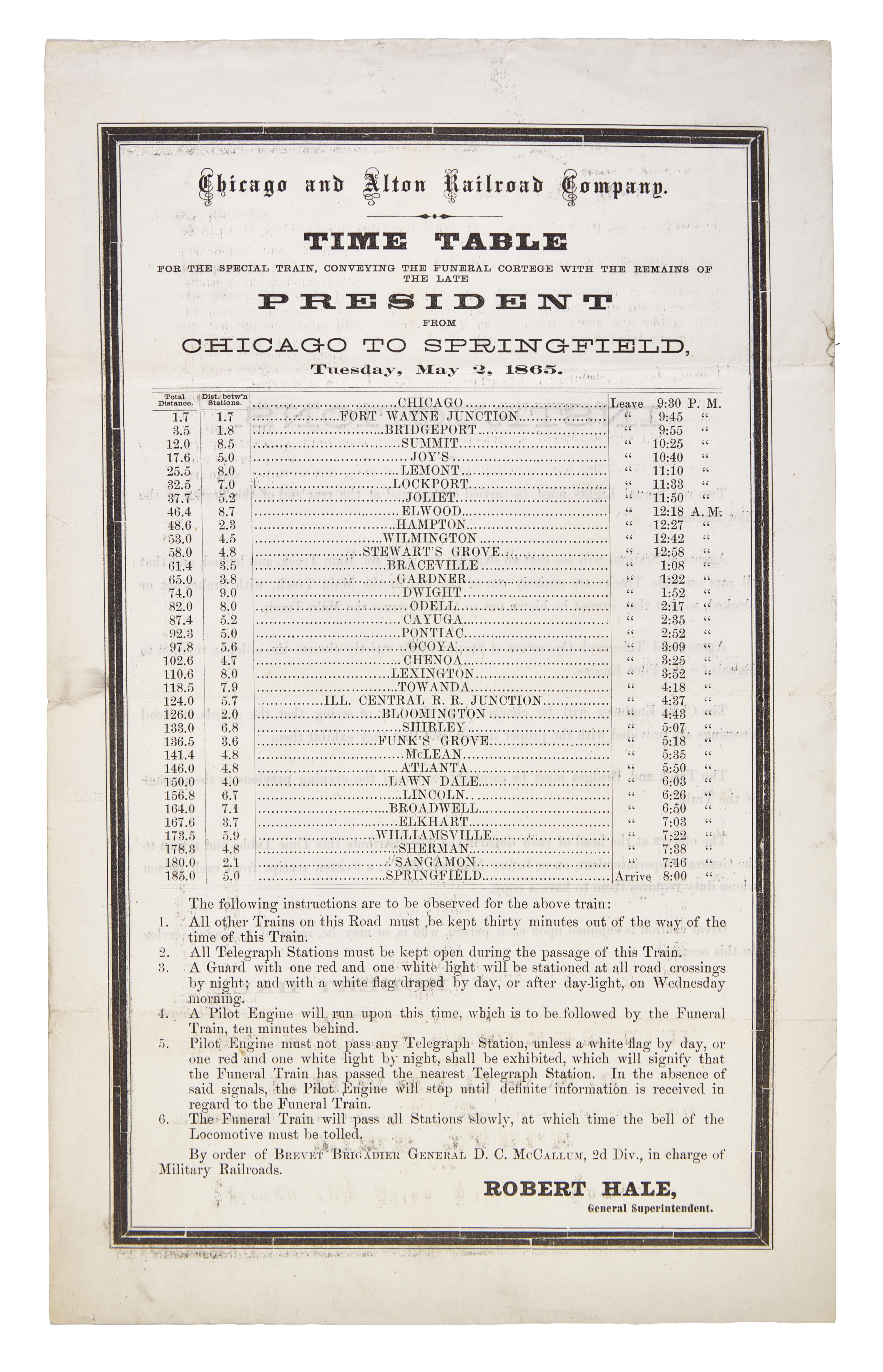 [LINCOLN'S FUNERAL]. Time table for the special train, conveying the funeral cortege with the remains of the late President from Chicago to Springfield . Chicago and Alton Railroad Company, 2 May 1865.