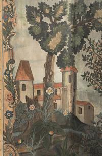 A French Painted Canvas Four-Panel Floor Screen