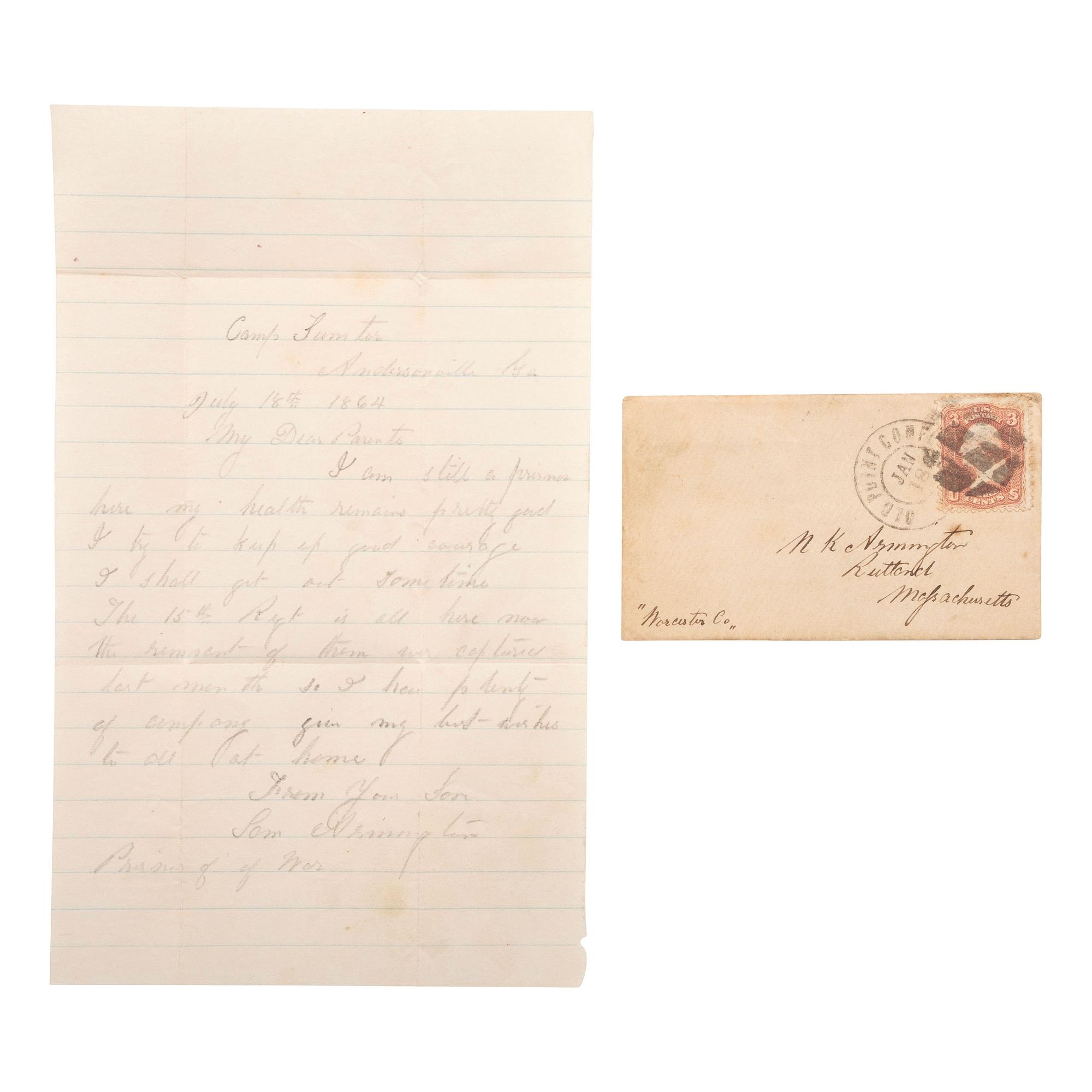 [CIVIL WAR]. A group of Civil War letters and ephemera representing multiple soldiers, a war-date governor, and including Andersonville POW letter from Private Samuel W. Armington (1837-1913), Co. D, Massachusetts 15th Infantry.