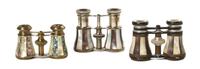 Three Pairs of French Mother-of-Pearl Veneered Opera Glasses, Width of widest 4 inches.