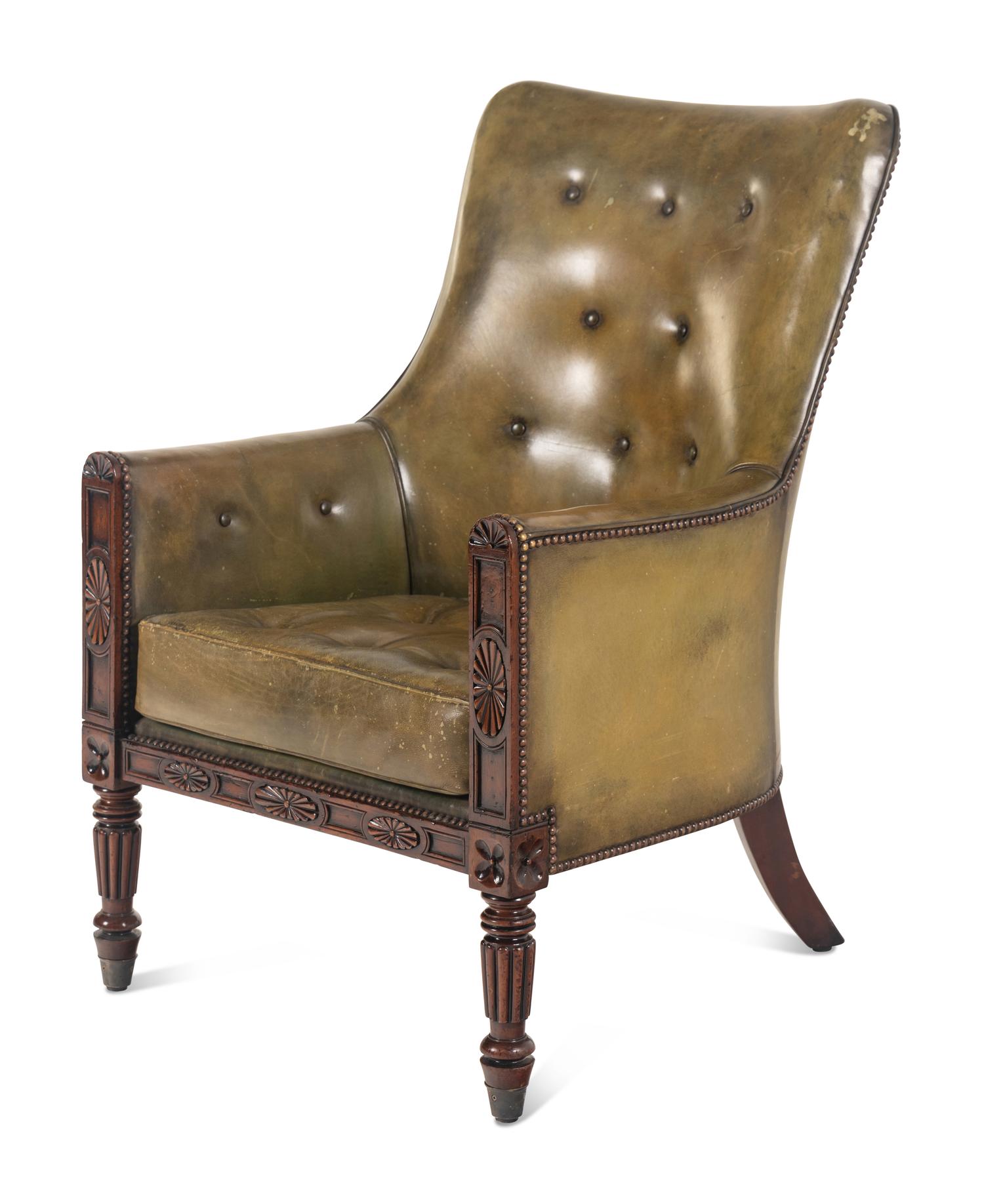 A Late William IV Mahogany Leather-Upholstered Armchair