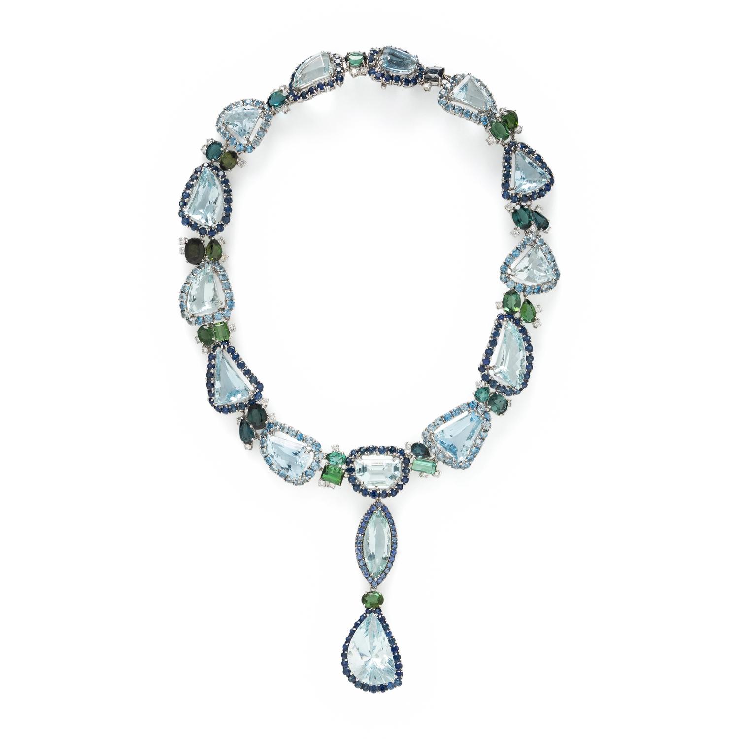 AQUAMARINE, TOURMALINE, DIAMOND, AND WHITE GOLD NECKLACE WITH CONVERTIBLE PENDANT DROPS