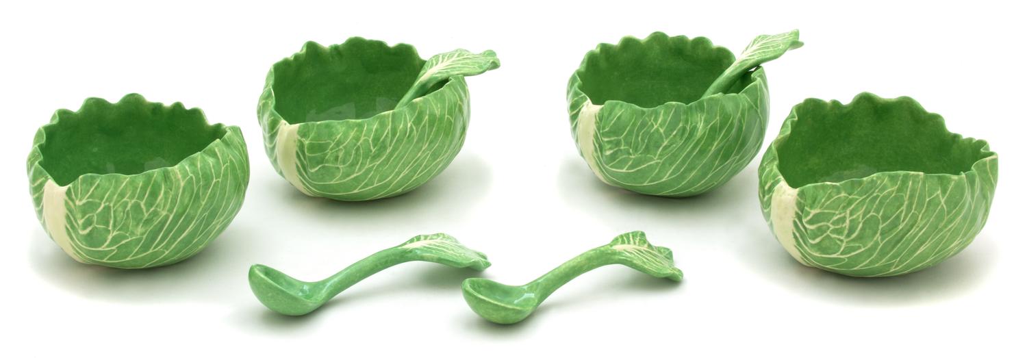 Four Dodie Thayer Lettuce Ware Sauce Bowls with Spoons Height 3 x diameter 4 3/4 inches. — 20TH CENTURY