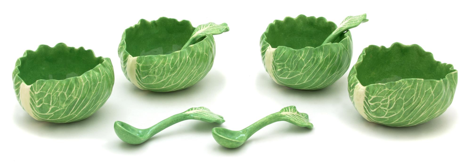 Four Dodie Thayer Lettuce Ware Sauce Bowls with Spoons Height 3 x diameter 4 3/4 inches. — 20TH CENTURY