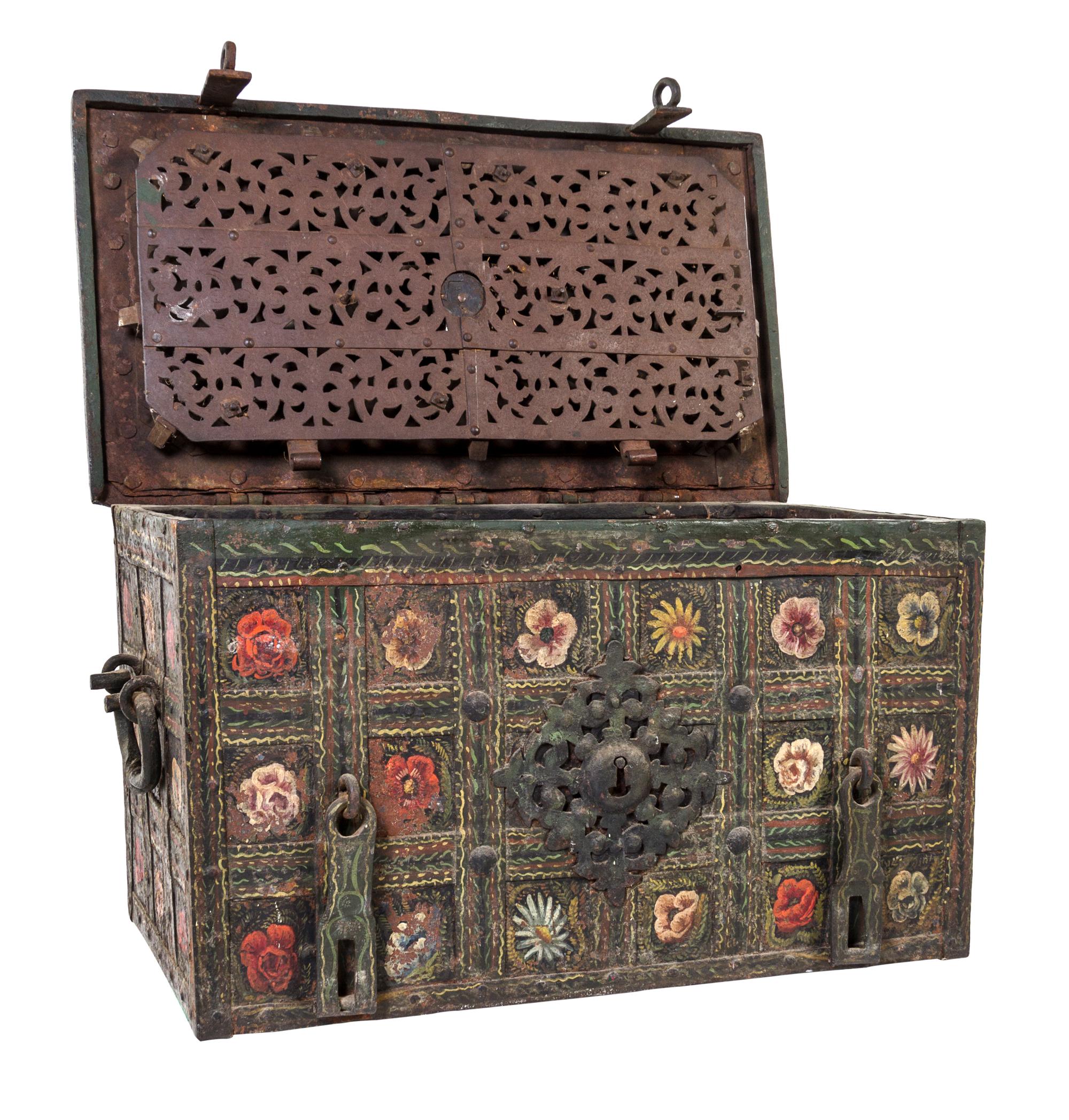 A Continental Polychrome Decorated Iron Strong Box Height 19 1/2 x width 34 3/4 x depth 19 7/8 inches. — 17TH/18TH CENTURY