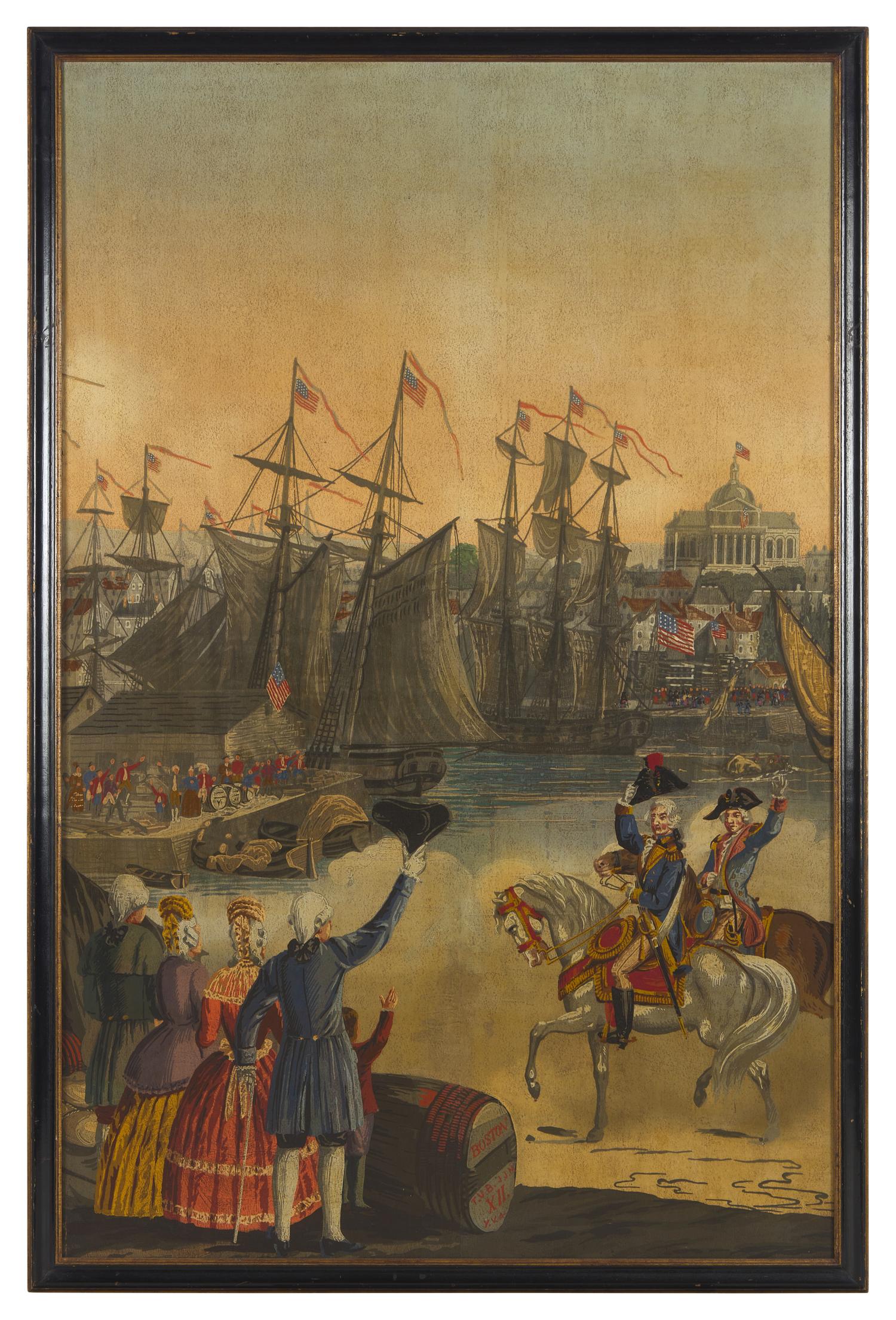 A Zuber & Cie Three-Panel Wallpaper "Vues D'Amerique du Nord" Depicting Boston Harbor