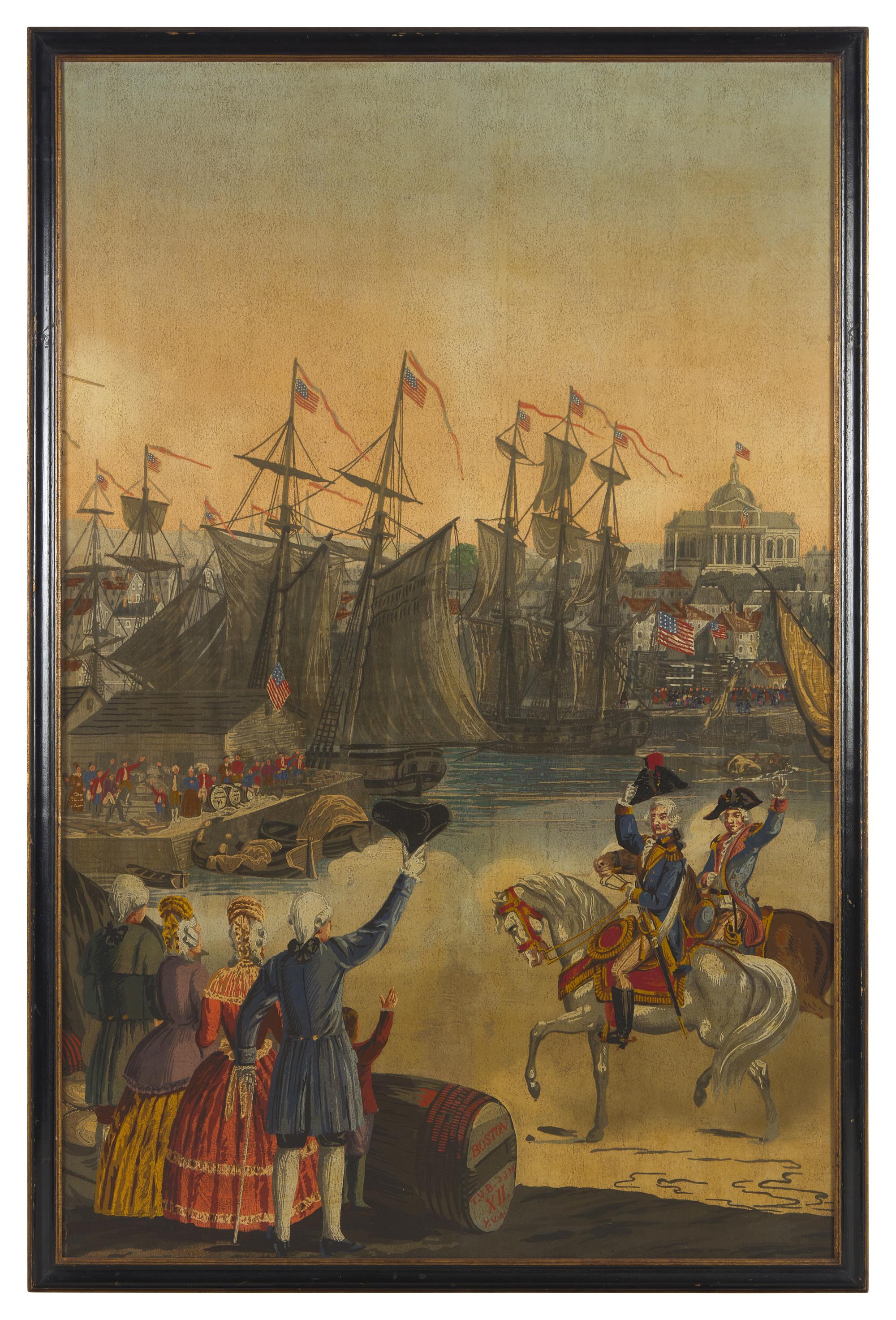 A Zuber & Cie Three-Panel Wallpaper "Vues D'Amerique du Nord" Depicting Boston Harbor