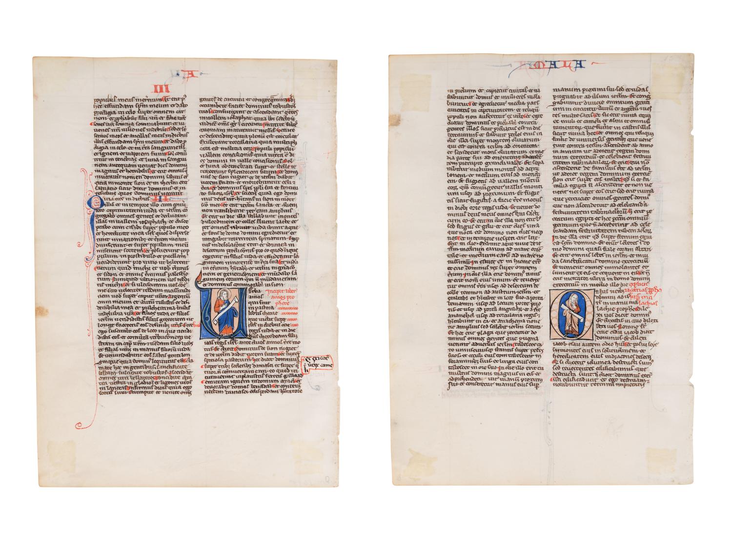 ANONYMOUS FRENCH ILLUMINATOR Two leaves from a Bible, with an historiated initial ‘U’ of Amos and an historiated initial ‘O’ of Malachi, in Latin, illuminated manuscript on parchment [France, Paris (?), c. 1225-1250]