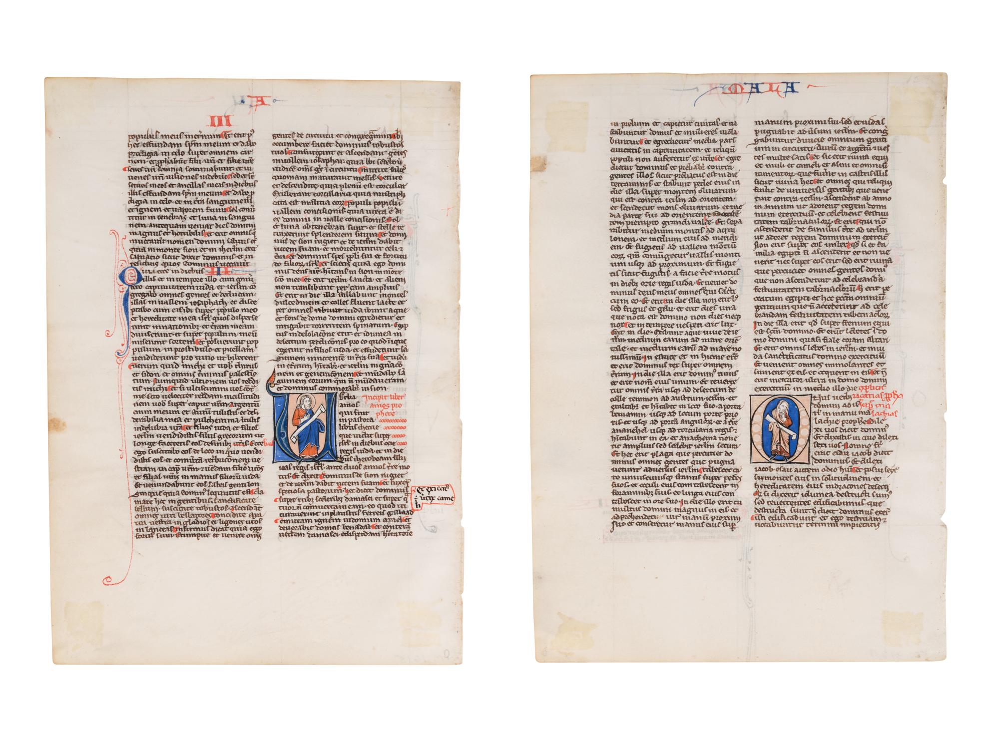 ANONYMOUS FRENCH ILLUMINATOR Two leaves from a Bible, with an historiated initial ‘U’ of Amos and an historiated initial ‘O’ of Malachi, in Latin, illuminated manuscript on parchment [France, Paris (?), c. 1225-1250]