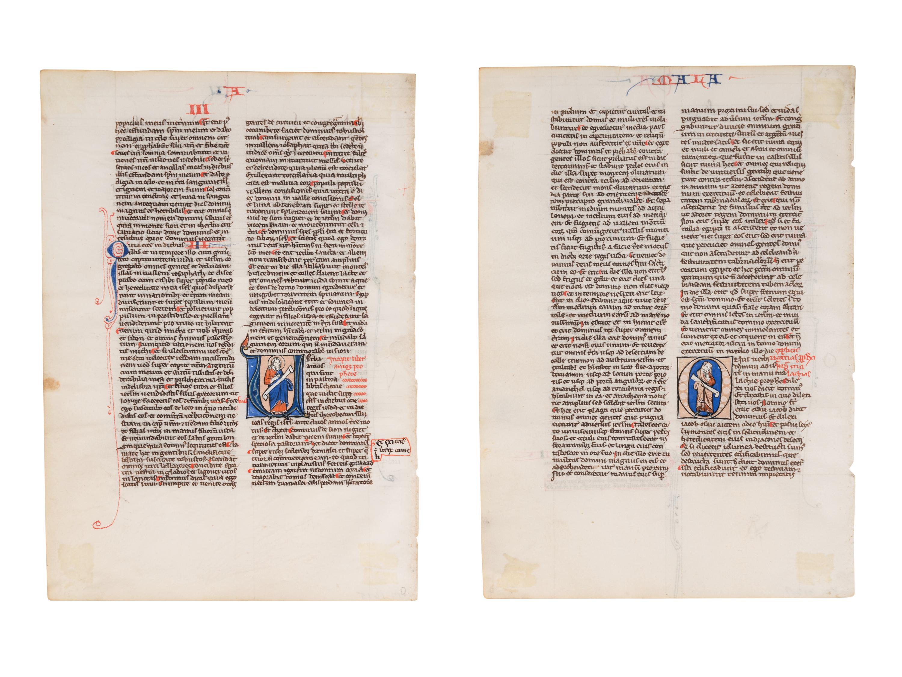 ANONYMOUS FRENCH ILLUMINATOR Two leaves from a Bible, with an historiated initial ‘U’ of Amos and an historiated initial ‘O’ of Malachi, in Latin, illuminated manuscript on parchment [France, Paris (?), c. 1225-1250]