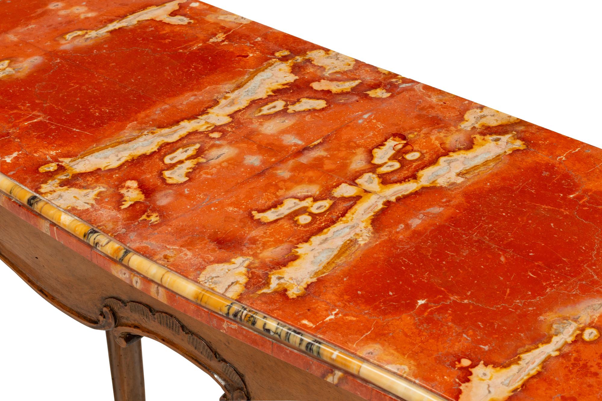 A Pair of Italian Walnut Bi-Color Marble-Top Console Tables