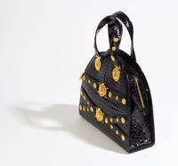 A Gianni Versace Black Patent Croc Embossed Medusa Bag, 11.5" x 10" x 3.75"; Handle drop: 5".