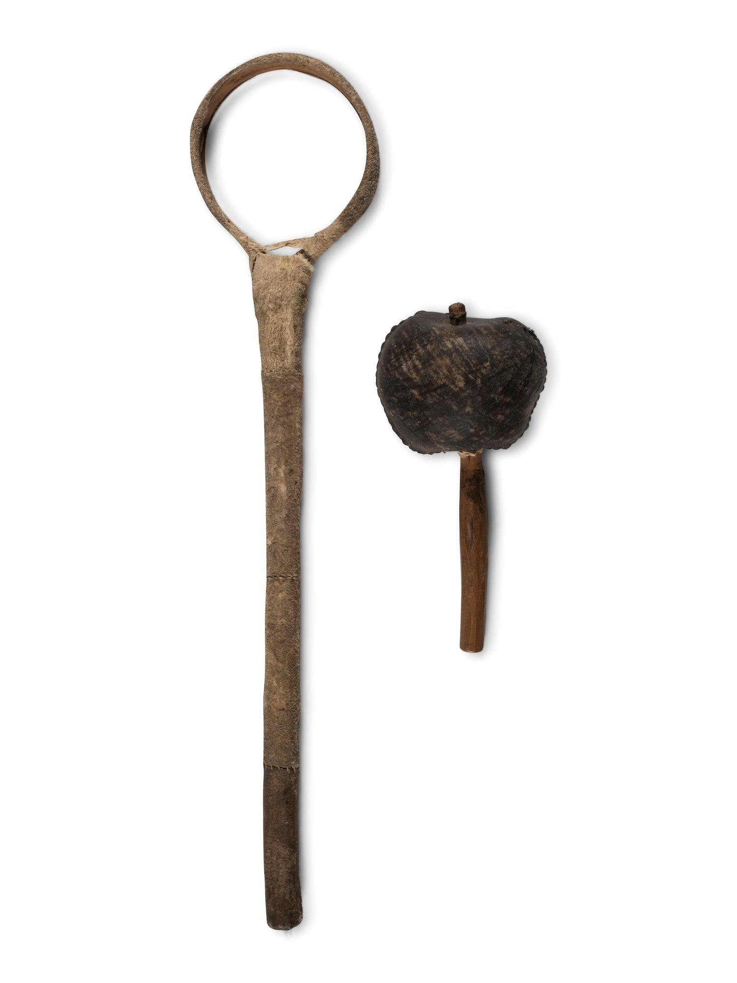 Plains Rattle and Bentwood Gamestick, Possibly Shown at the 1893 Chicago's World's Fair at Sitting Bull's Cabin