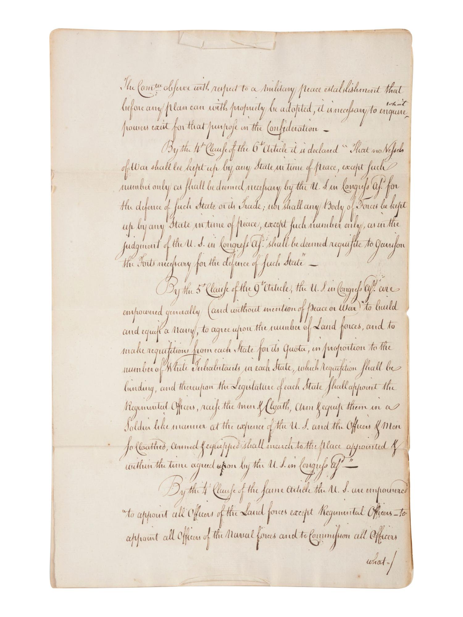 [CONTINENTAL CONGRESS] -- [HAMILTON, Alexander (1755-1804)]. [HOLTEN, Dr. Samuel (1738-1816).] Dr. Samuel Holten's personal copy of the Report of a Committee to the Continental Congress on a Military Peace Establishment, [1783].