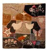 A Crazy Quilt Pillow Cover with Chickens and Eagles and Hooked Rug with Horses
