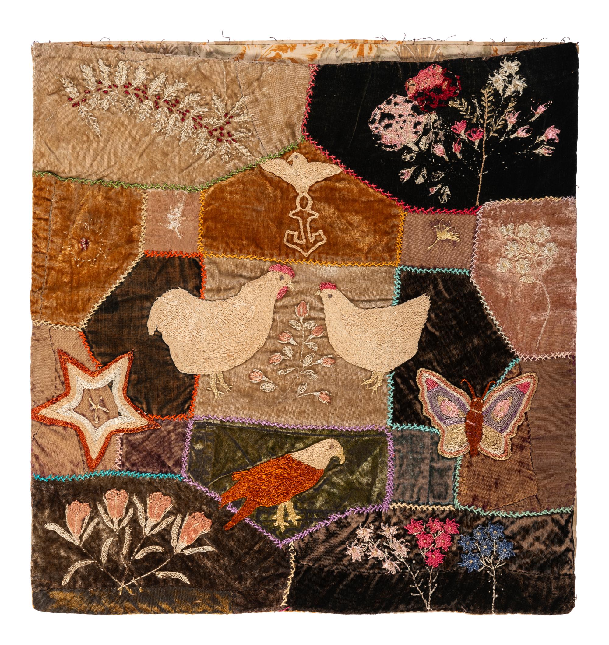 A Crazy Quilt Pillow Cover with Chickens and Eagles and Hooked Rug with Horses
