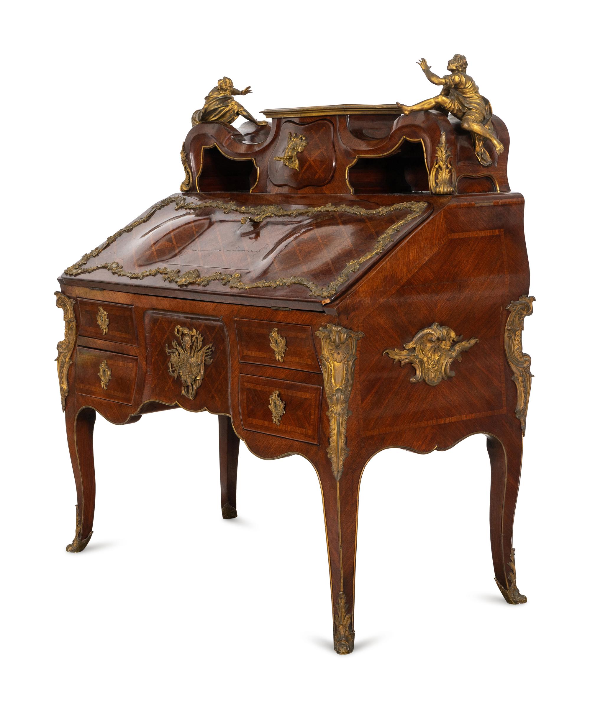 A Fine Louis XV Style Grazioli and Gaudenzi Gilt Bronze Mounted Parquetry Bureau en Pente