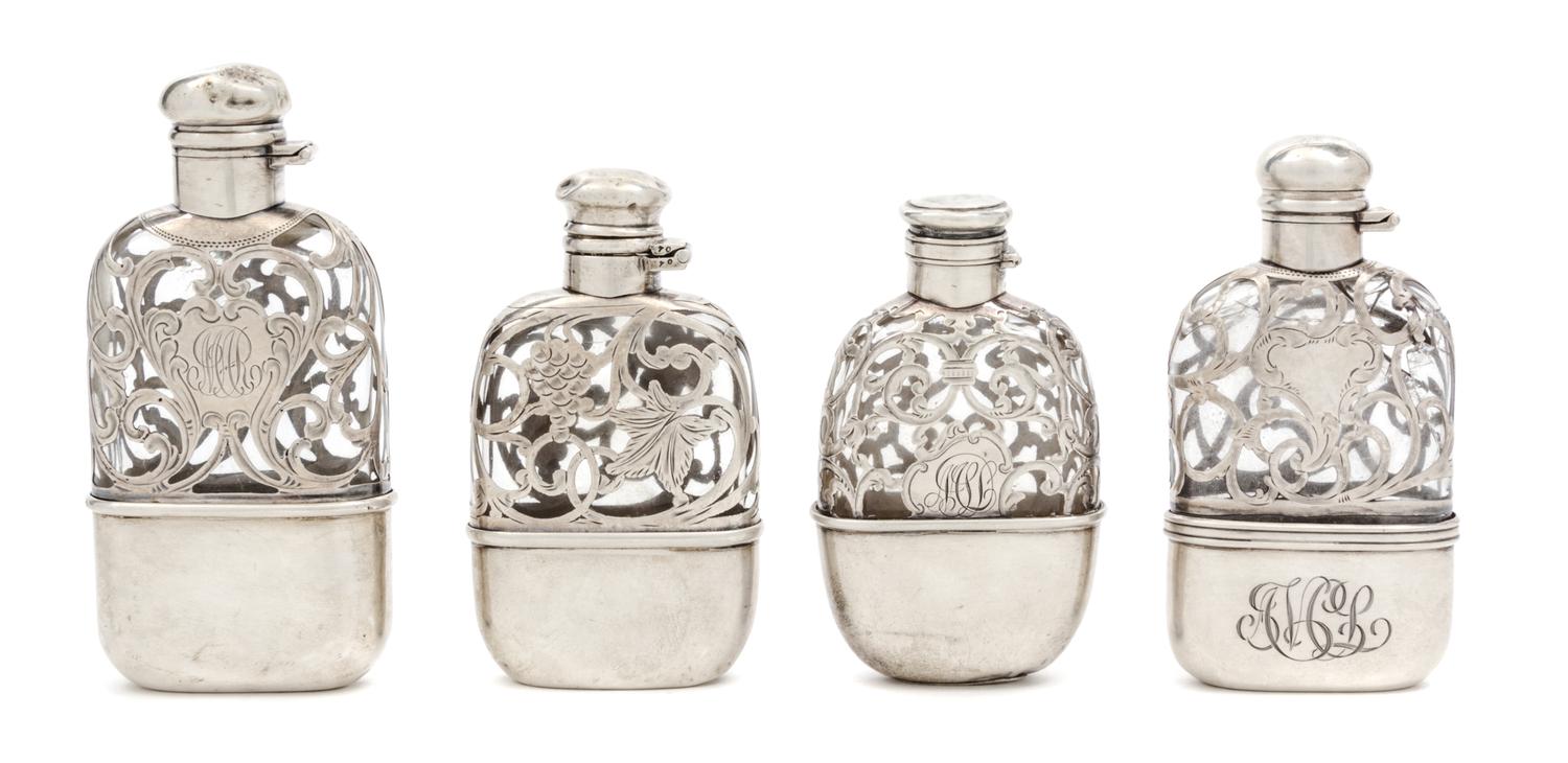 Four Silver Overlay Glass Flasks Height of tallest 4 3/4 inches.