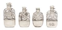 Four Silver Overlay Glass Flasks Height of tallest 4 3/4 inches.