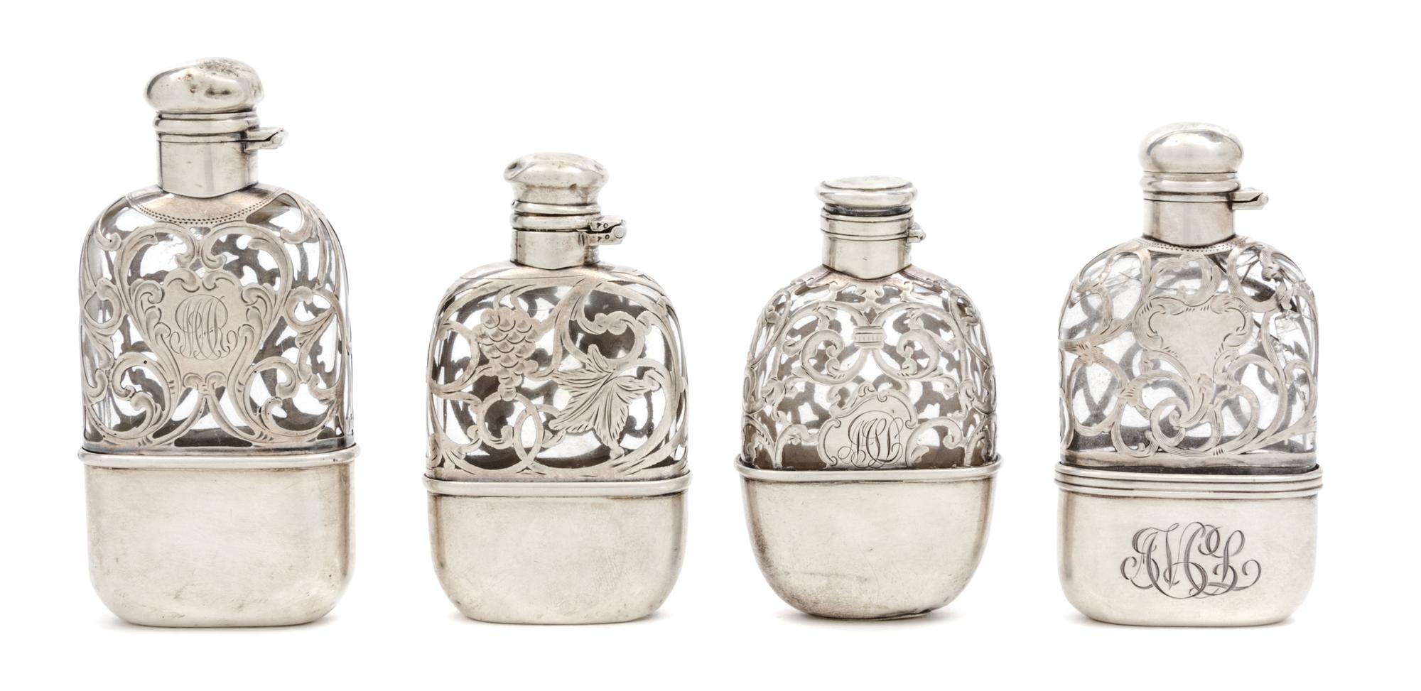 Four Silver Overlay Glass Flasks Height of tallest 4 3/4 inches.