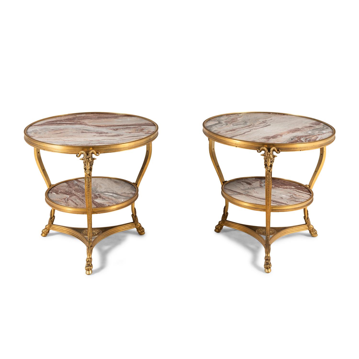A Pair of French Neoclassical Style Gilt Bronze and Marble Guéridons