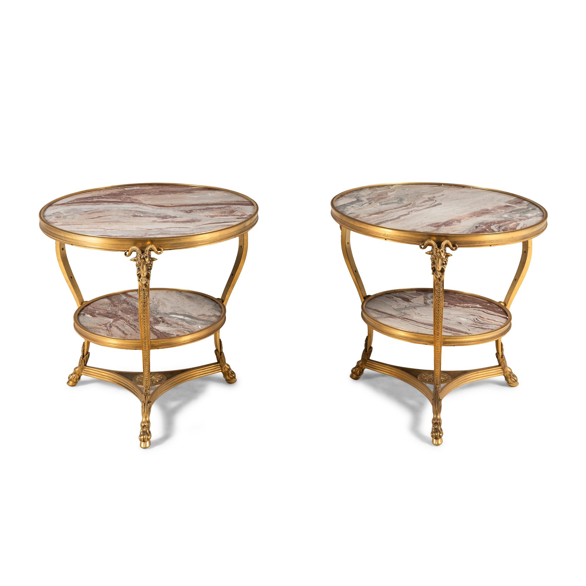 A Pair of French Neoclassical Style Gilt Bronze and Marble Guéridons
