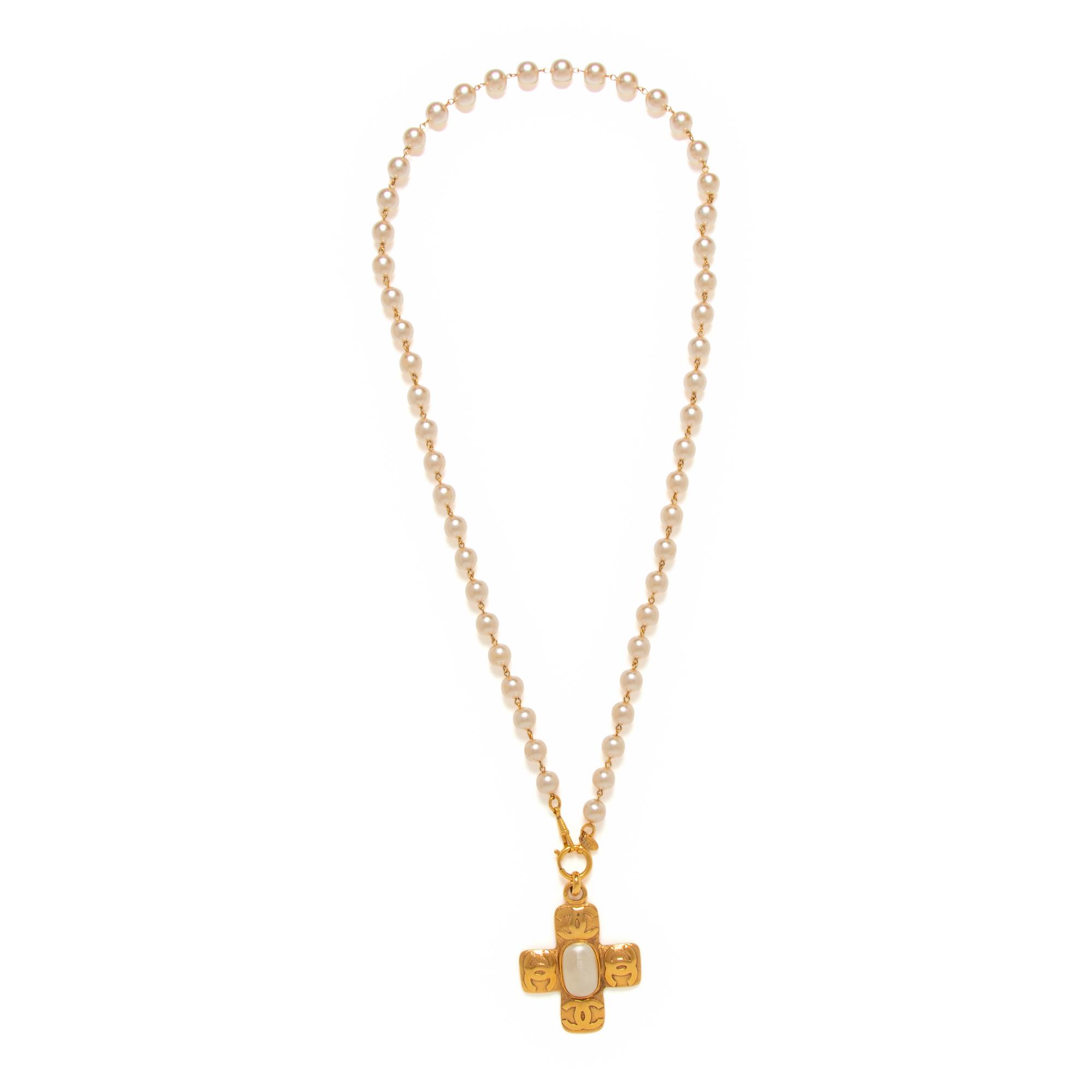 Chanel, Gripoix Pearl Cross Pendant Necklace